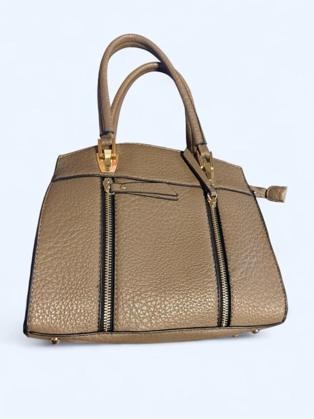 Structured Taupe Leather Satchel Handbag